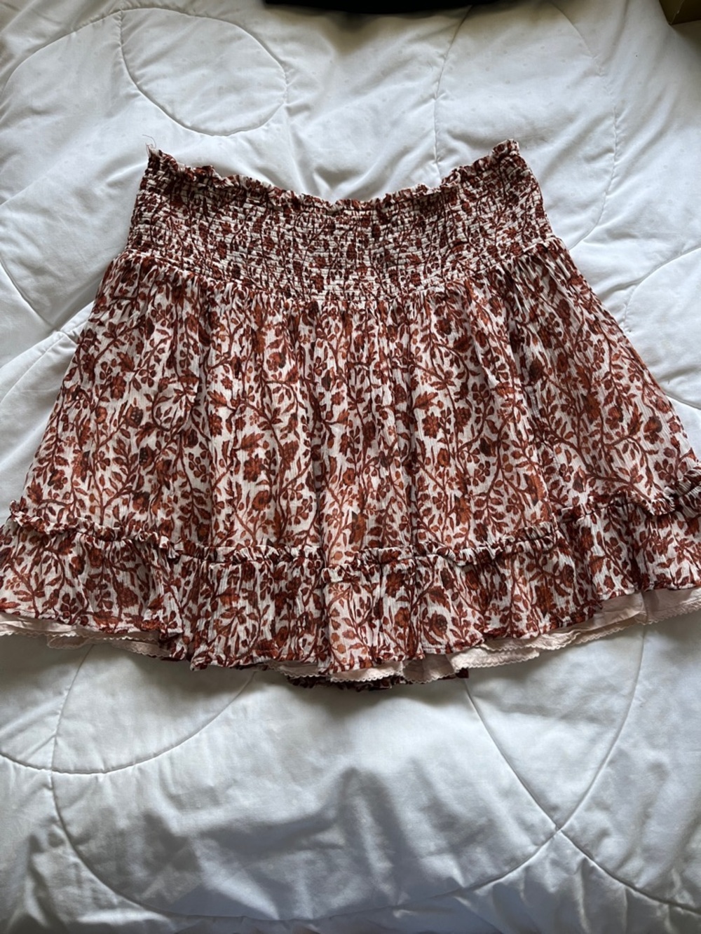 Anthropologie Rust and White Floral Smocked Mini Skirt L